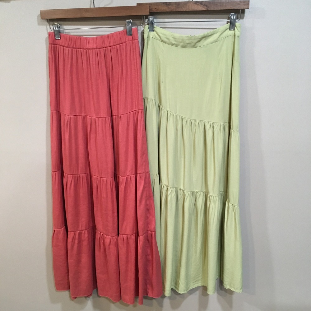 Tiered Maxi Skirt Bundle Womens S Orange Light Green Boho Hippie Cottage